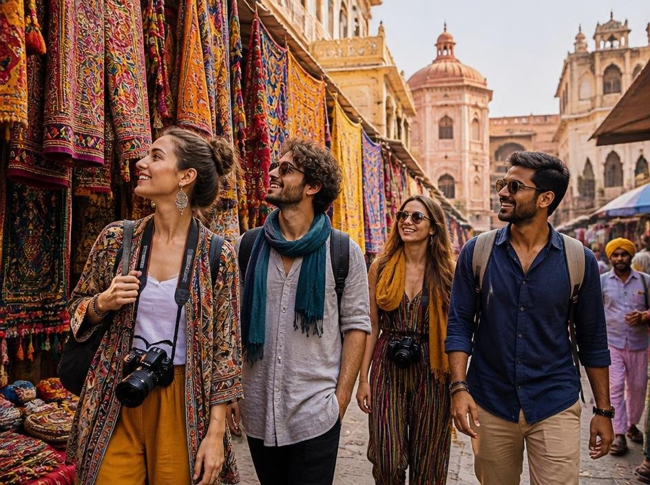 Group of travelers walking through a colorful market